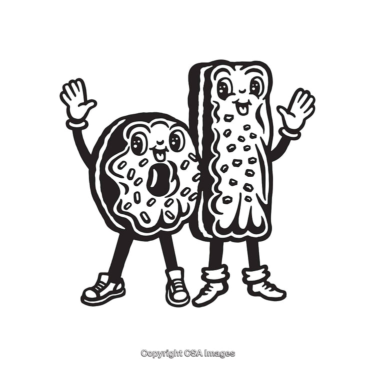 Adorable Black and White Line Art of Friendly Pastry Characters