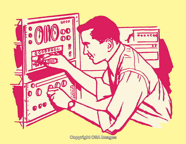 Retro Style Engineer Operating Analog Equipment Control Panel
