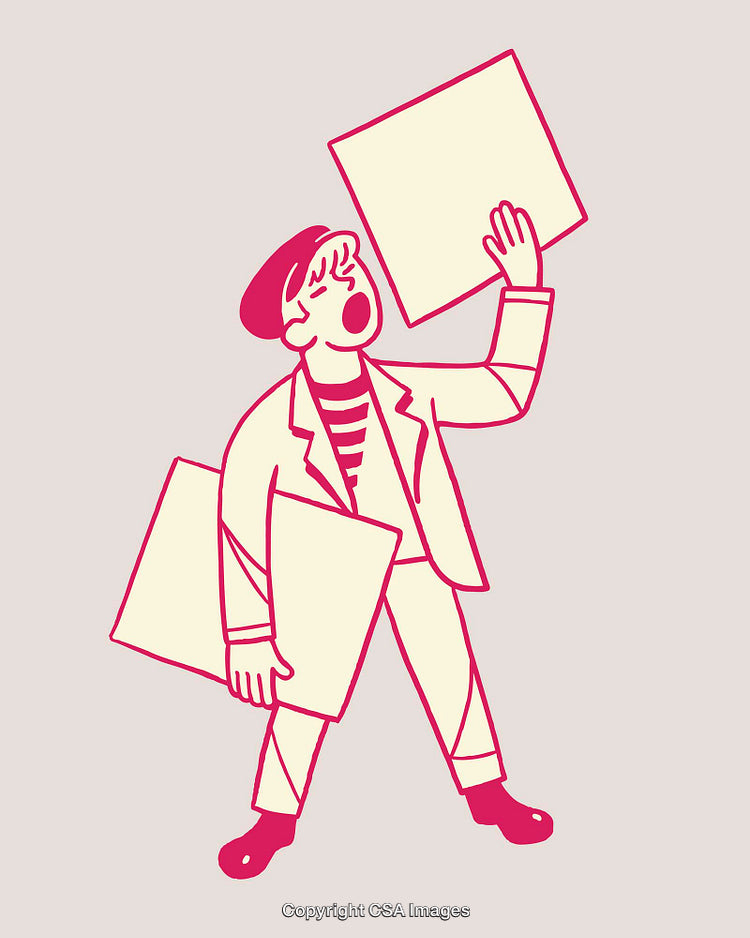 Retro Style Abstract Illustration of an Artist Holding Frames in Line Art
