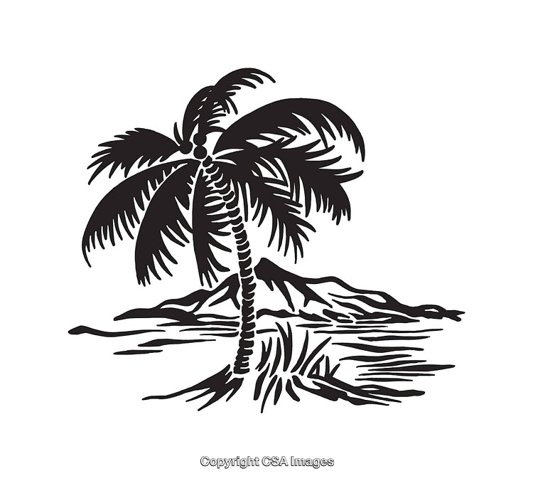 Black And White Line Art of a Palm Tree and Scenic Landscape