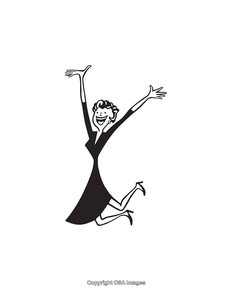 Retro Cartoon Woman Joyfully Jumping in Black and White Line Art