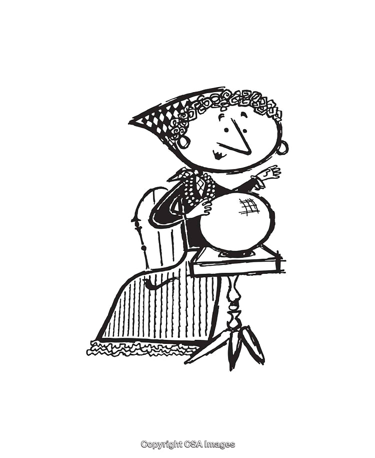 Cartoon Fortune Teller with a Crystal Ball Line Art Illustration