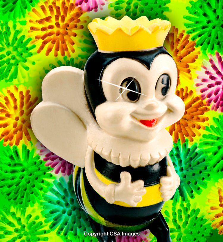 Colorful Plastic Bee Figurine Surrounded by Vibrant Abstract Shapes