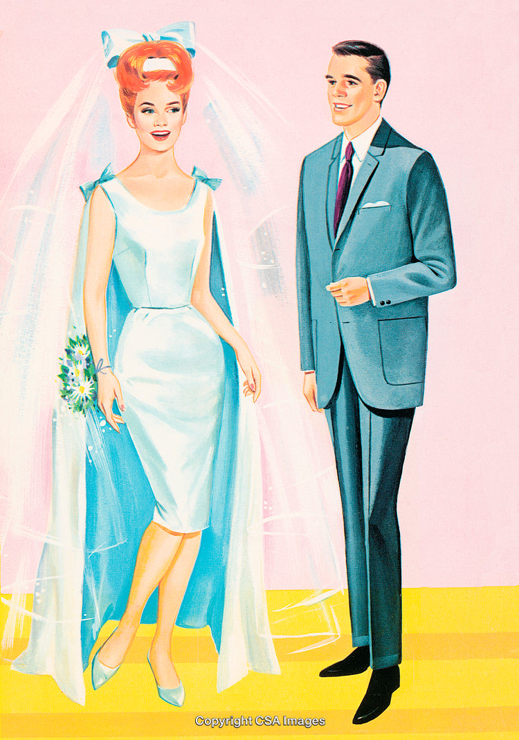 Elegant Wedding Couple in Formal Attire Against Pastel Background