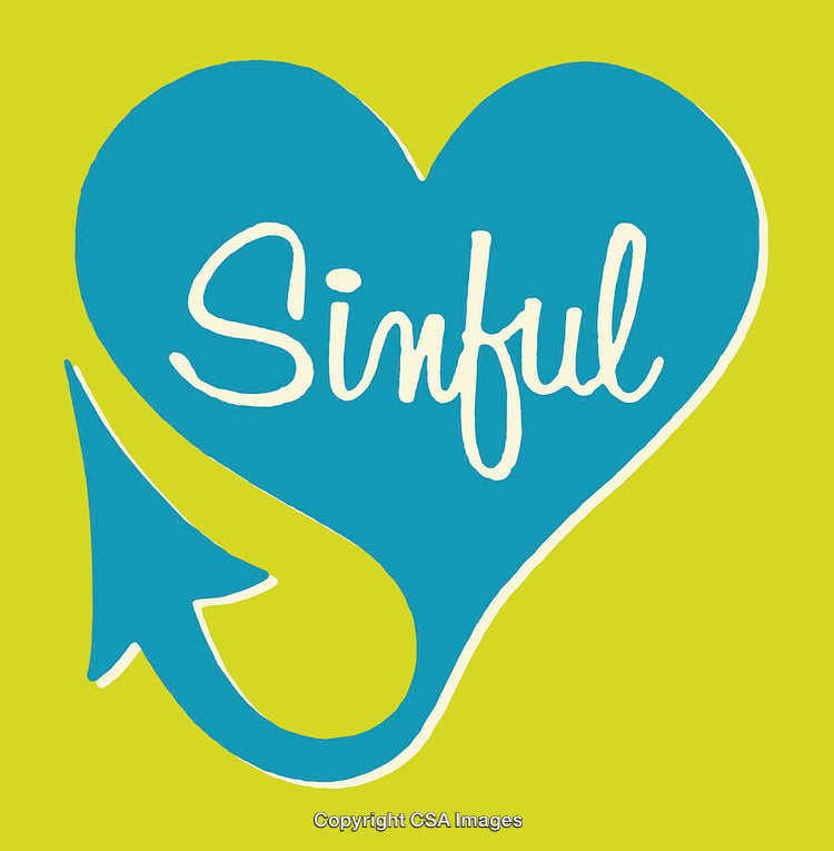 Blue Heart Shape with 'Sinful' Text on Yellow Background