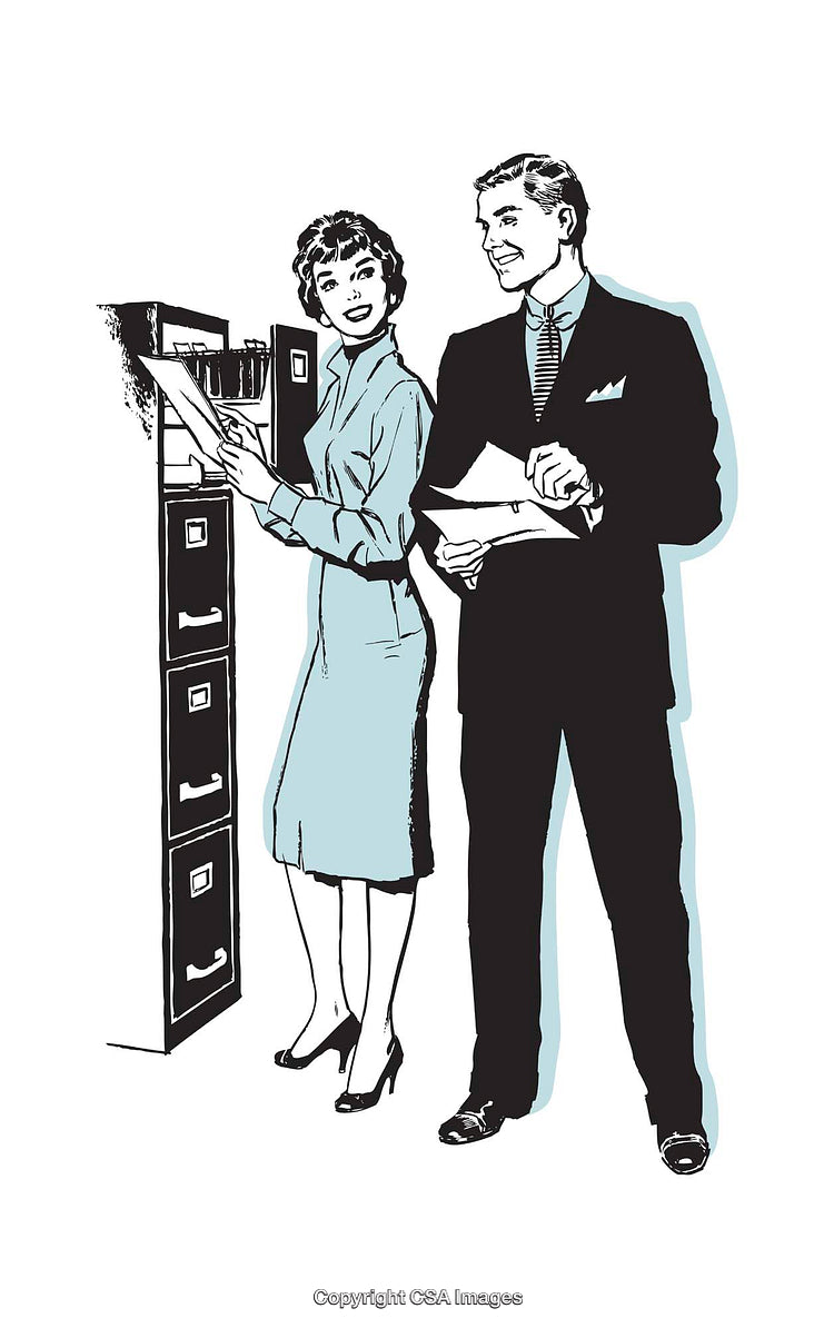 Retro Office Scene Featuring Two People Filing Documents