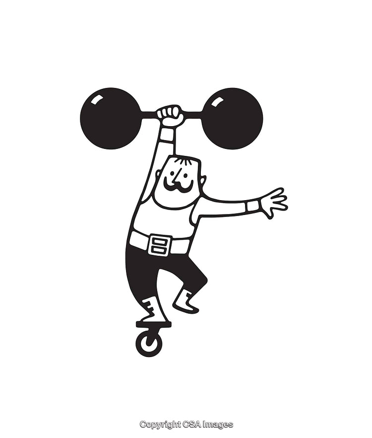 Strongman Illustration Balancing on Unicycle and Holding Barbell in Black and White