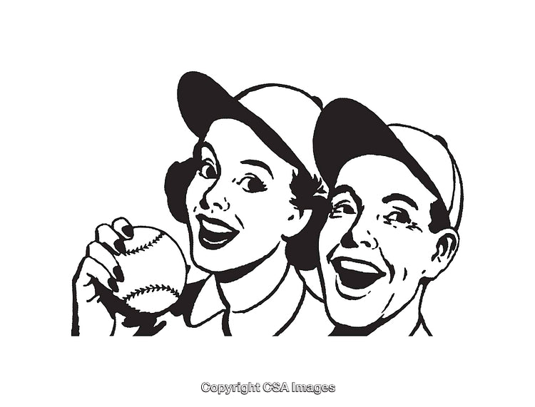 Black and White Vintage Baseball-Themed Line Art Illustration