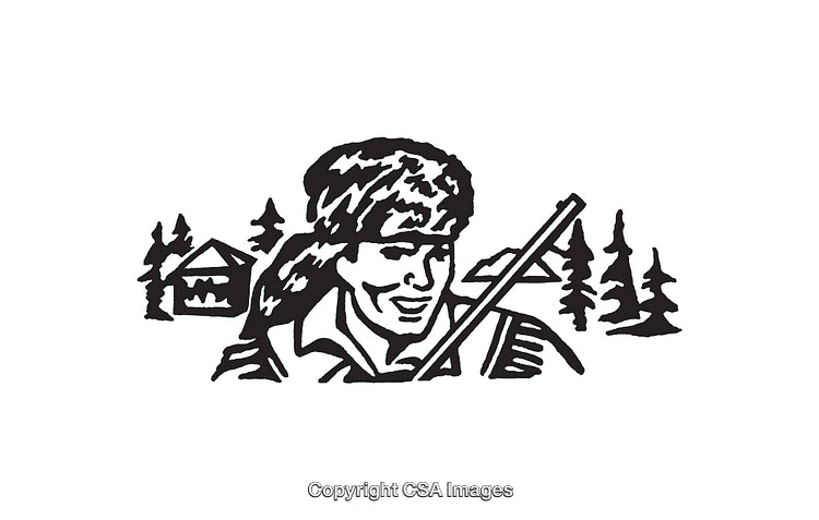 Vintage Line Art of Pioneer with Cabin and Trees Illustration