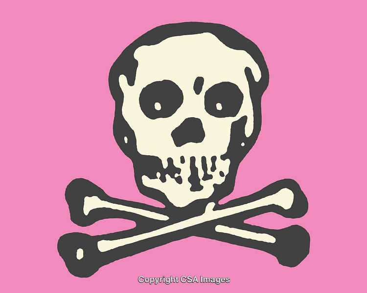 Hand-Drawn Skull and Crossbones Artwork on a Bright Pink Background