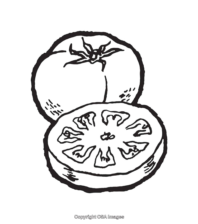 Black and White Line Art of Whole and Sliced Tomato Drawing