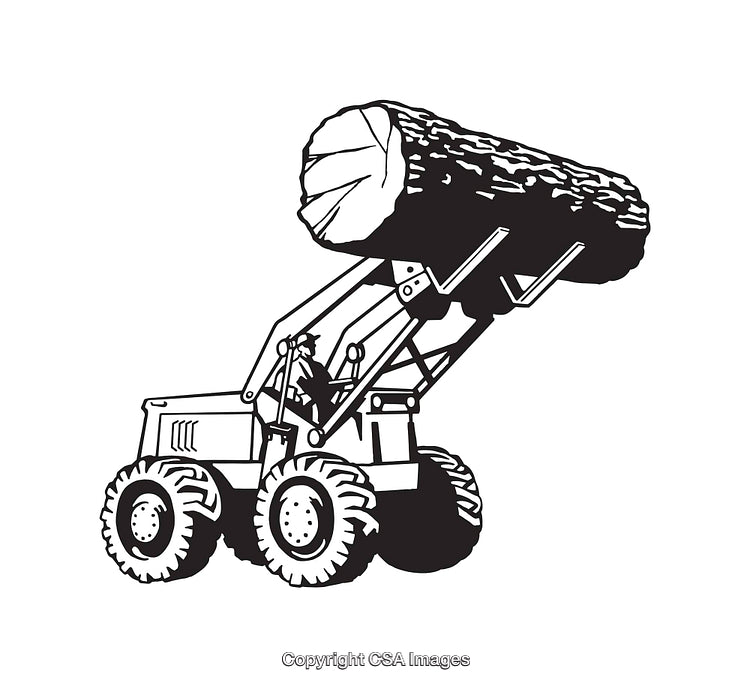 Black and White Illustration of a Skidder Transporting a Large Log