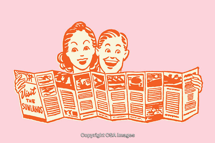 Retro Style Illustration of a Happy Couple Exploring Brochure