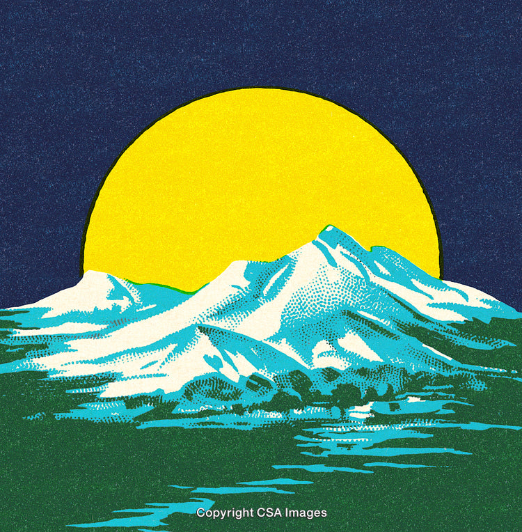 Retro Artwork of Snow-Capped Mountains with the Sun on the Horizon