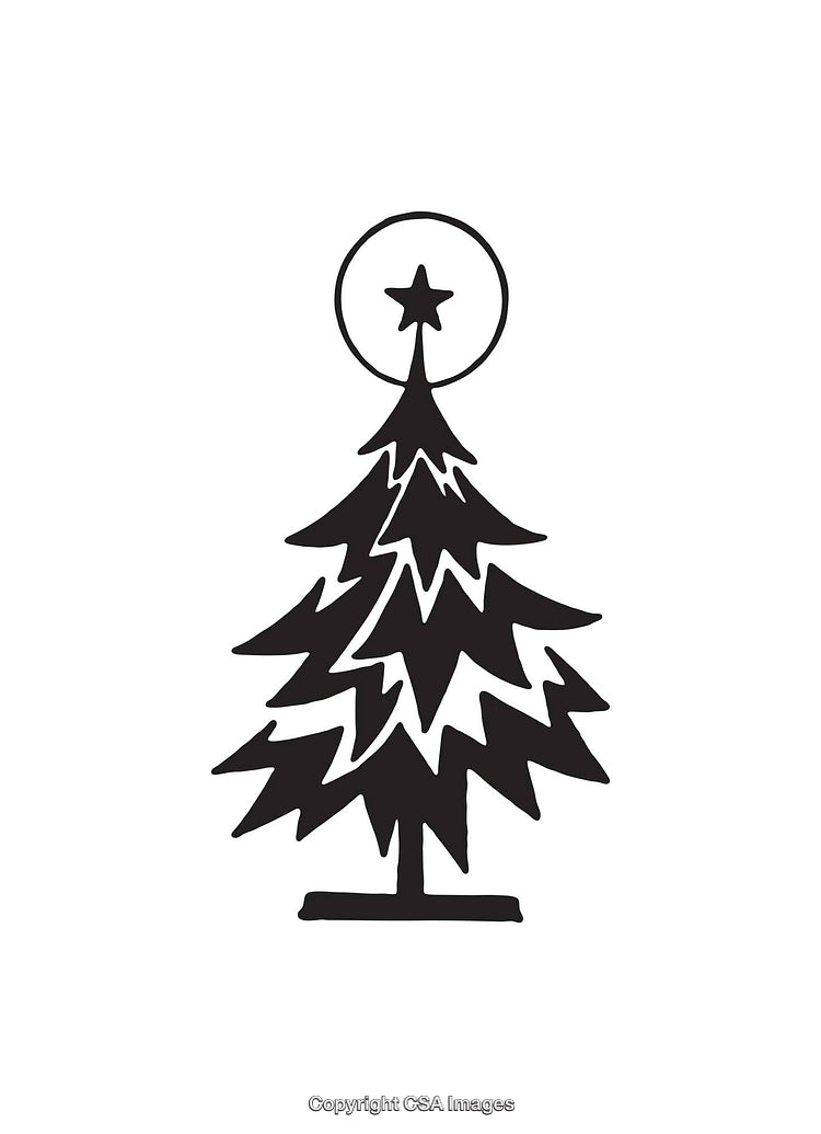 Black and White Line Art Illustration of a Christmas Tree with Star