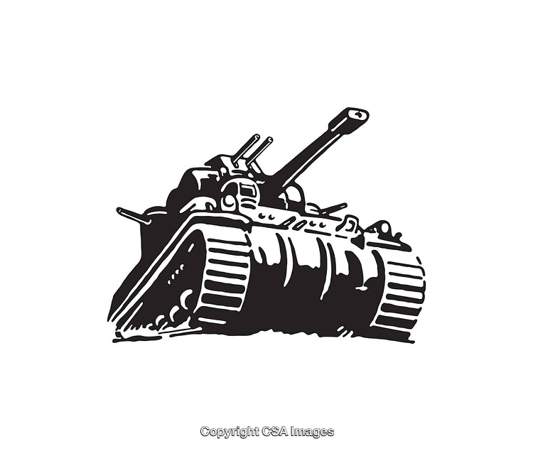Detailed Black and White Line Art Illustration of Military Tank