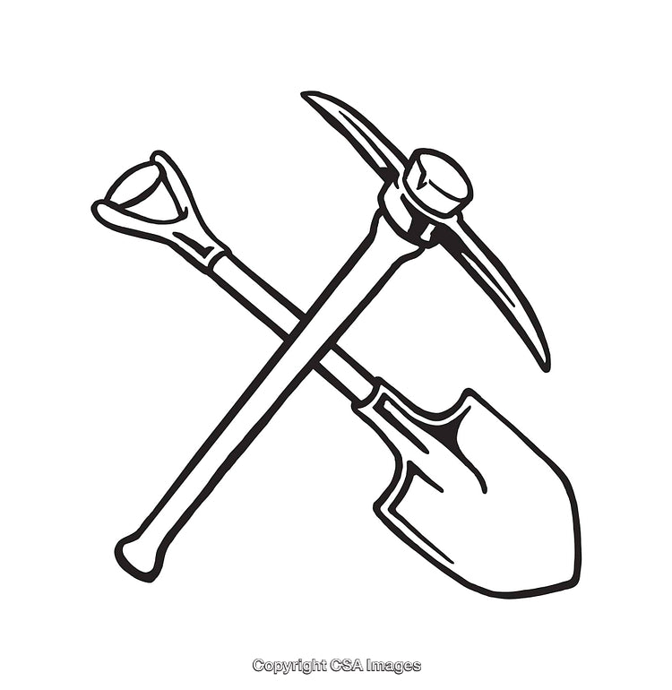 Line Art Illustration of Crossed Pickaxe and Shovel in Black and White