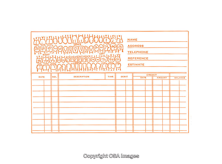 Dental Record Chart with Teeth Diagram and Financial Tracking Sections
