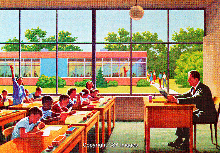 Retro Classroom Scene with Teacher and Students in a Bright Environment