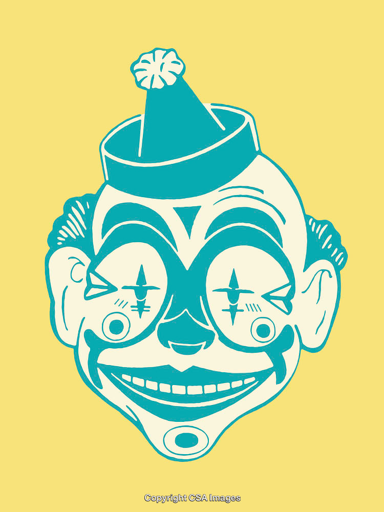 Vintage Styled Line Art Illustration of a Smiling Clown Face with Hat