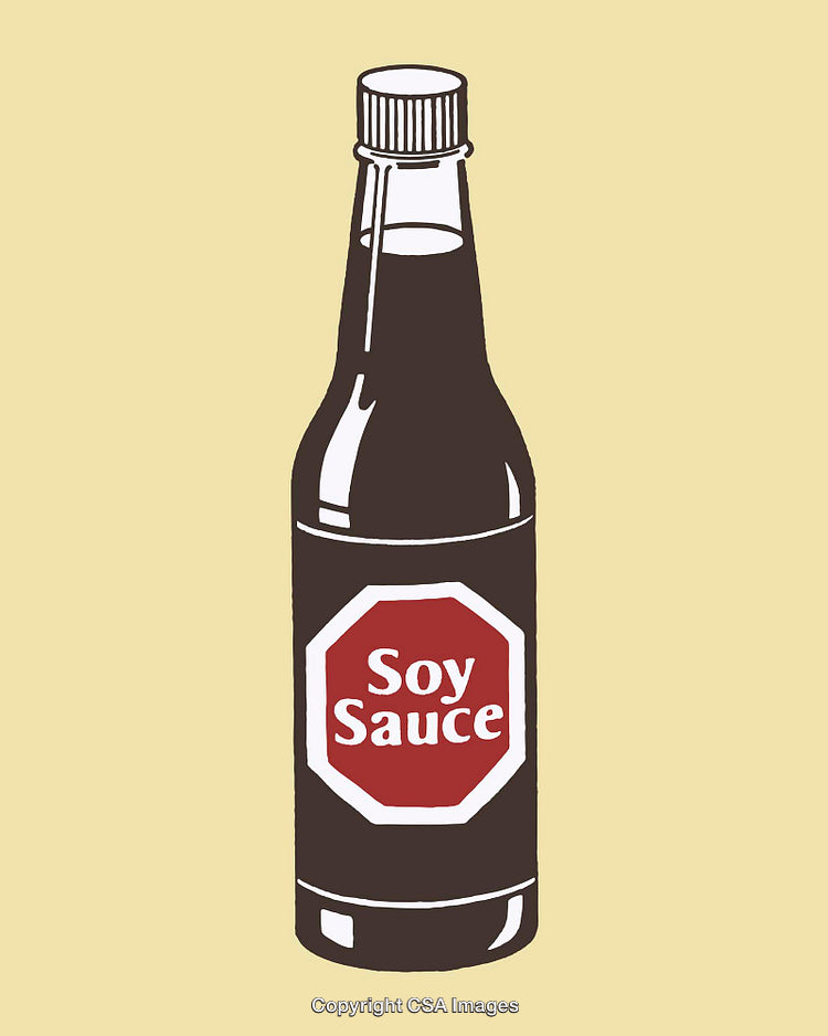 Stylized Illustration of a Soy Sauce Bottle on a Yellow Background