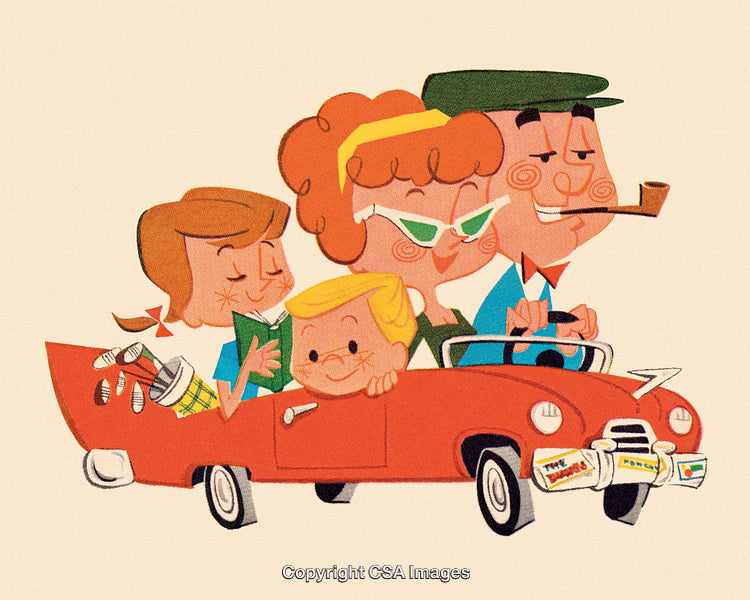 Retro Cartoon Family Driving in a Red Convertible on a Fun Outing