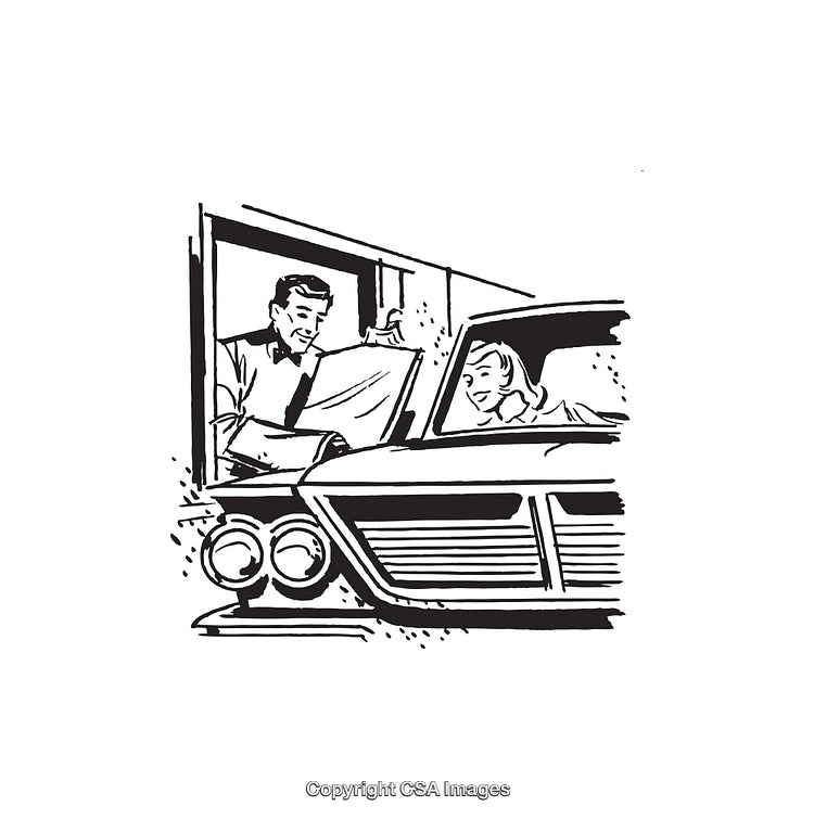 Vintage Line Art of a Drive-Through Scene With Friendly Interaction