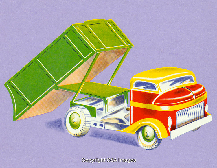 Colorful Toy Dump Truck Illustration with Vintage Style and Green Tipping Bed