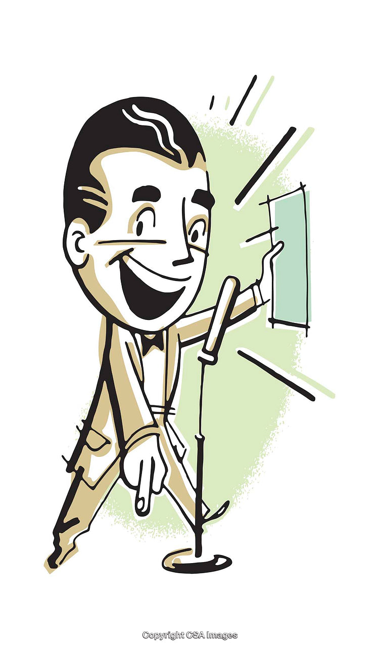 Retro Styled Illustration of Happy Man Holding Paper Facing Microphone