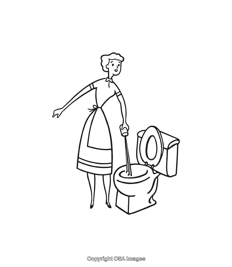 Black and White Illustration of a Woman Cleaning a Toilet