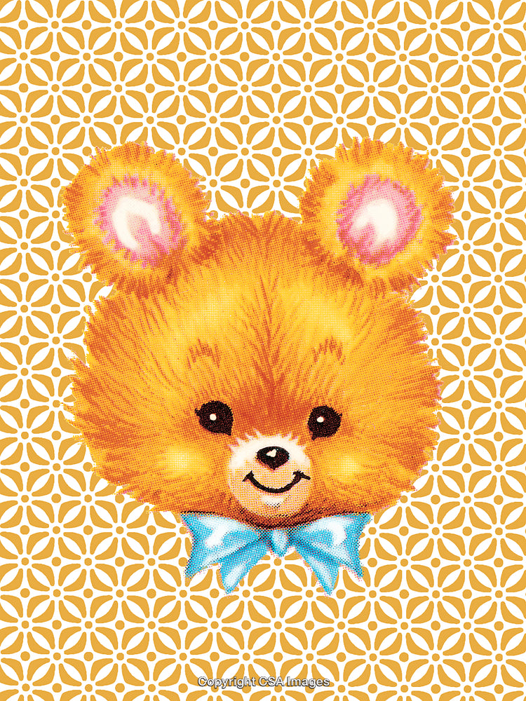 Cute Illustrated Teddy Bear with a Bow on Geometric Background