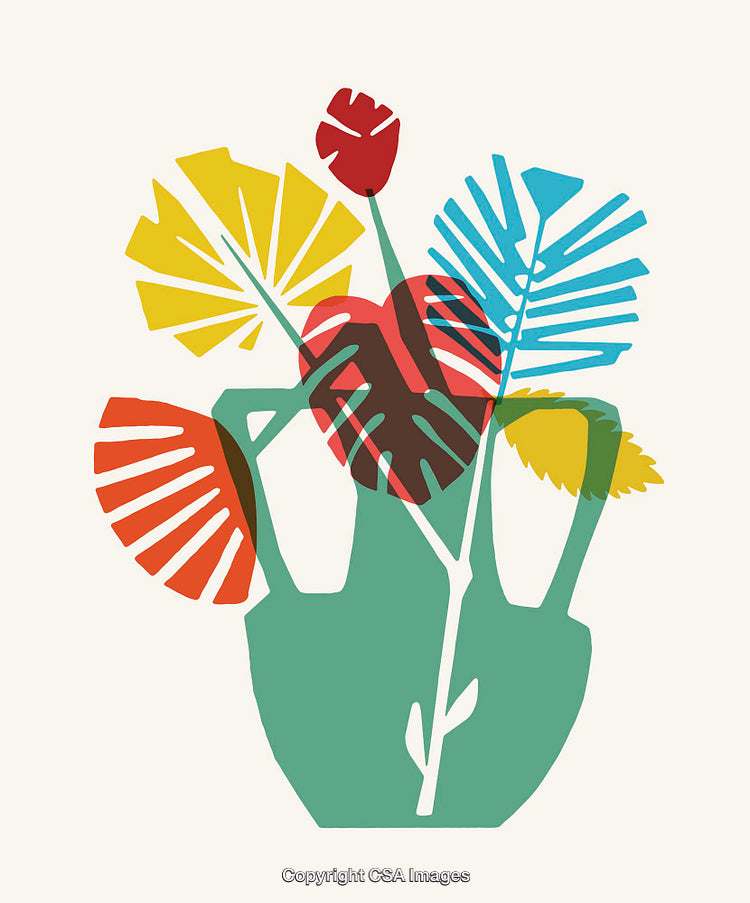Abstract Colorful Botanical Vase Art Design with Overlapping Leaf Patterns