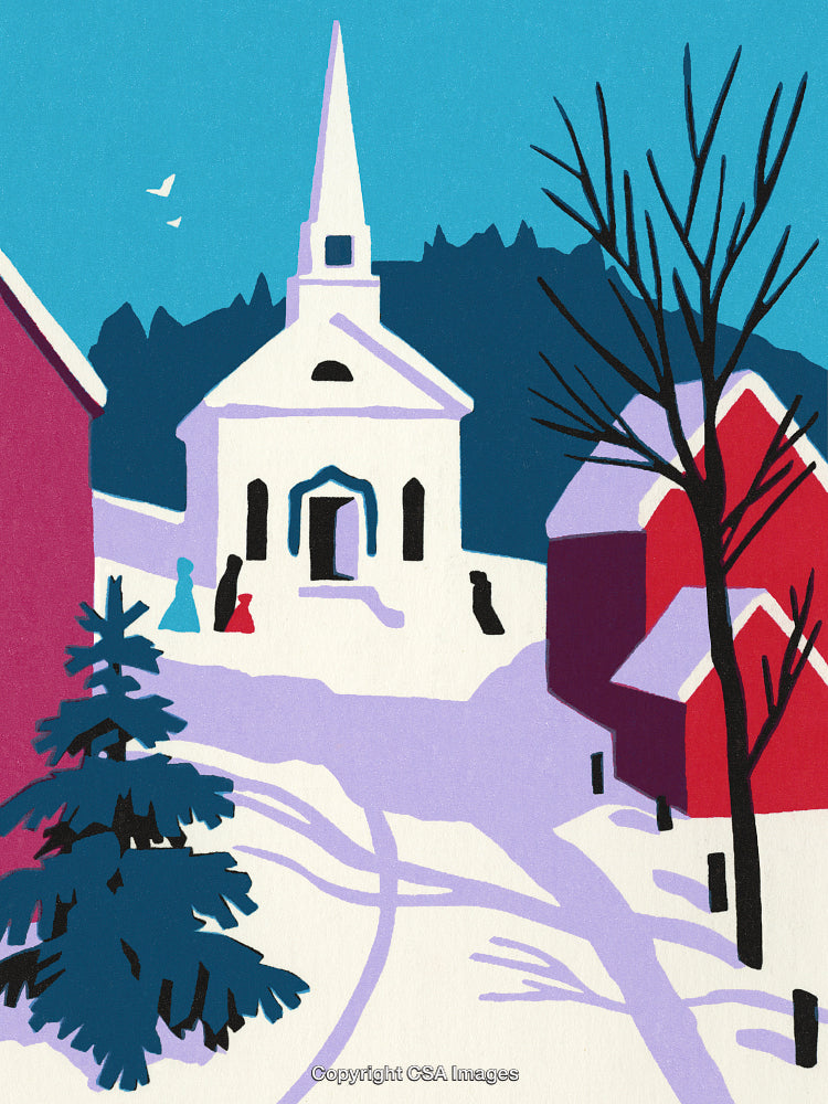 Snowy Village Scene Featuring Church and Houses in Winter Colors