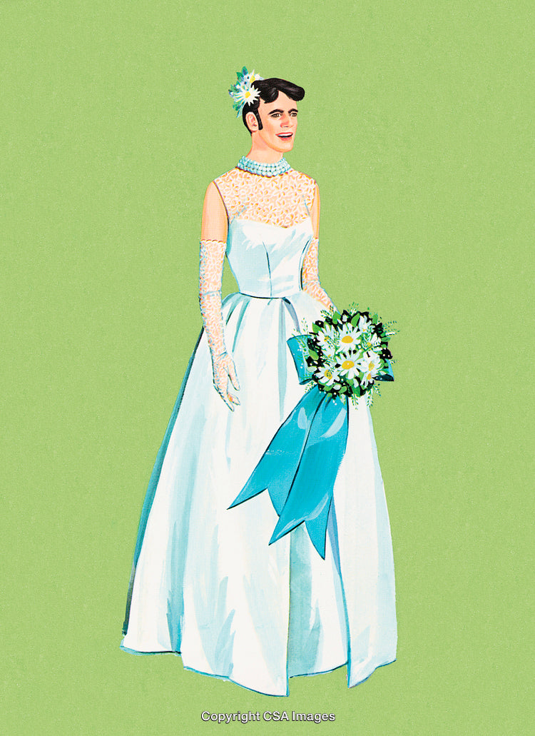 Retro Bridal Illustration with Elegant Wedding Gown and Daisy Bouquet
