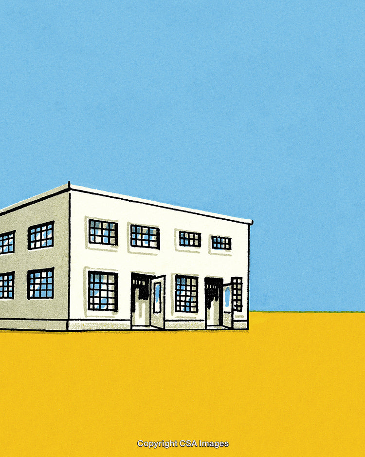 Modern Flat Design of a Minimalist White Building on Open Land