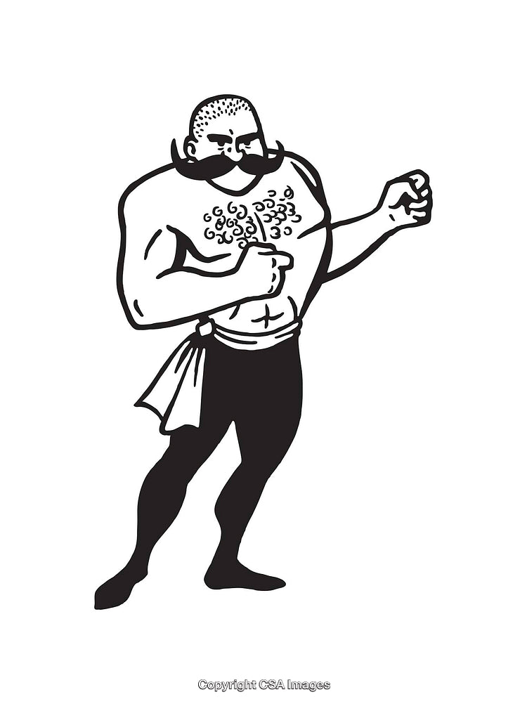 Vintage Line Art of a Strongman in a Fighting Stance