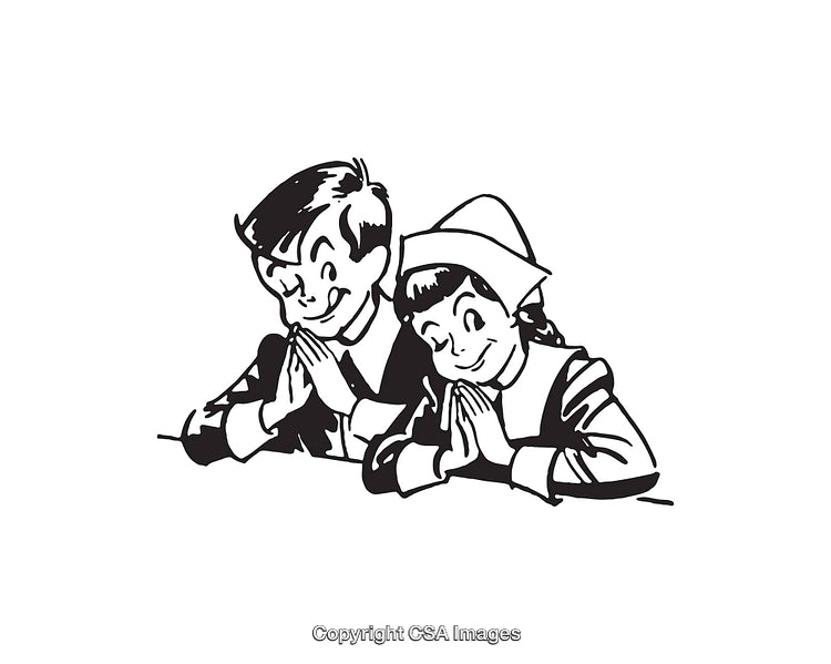 Children in Prayer - Black and White Line Art Illustration