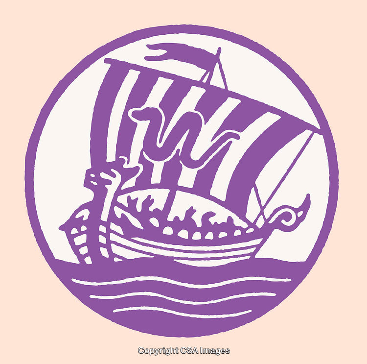 Purple Line Art of a Viking Longship with Sails and Symbol