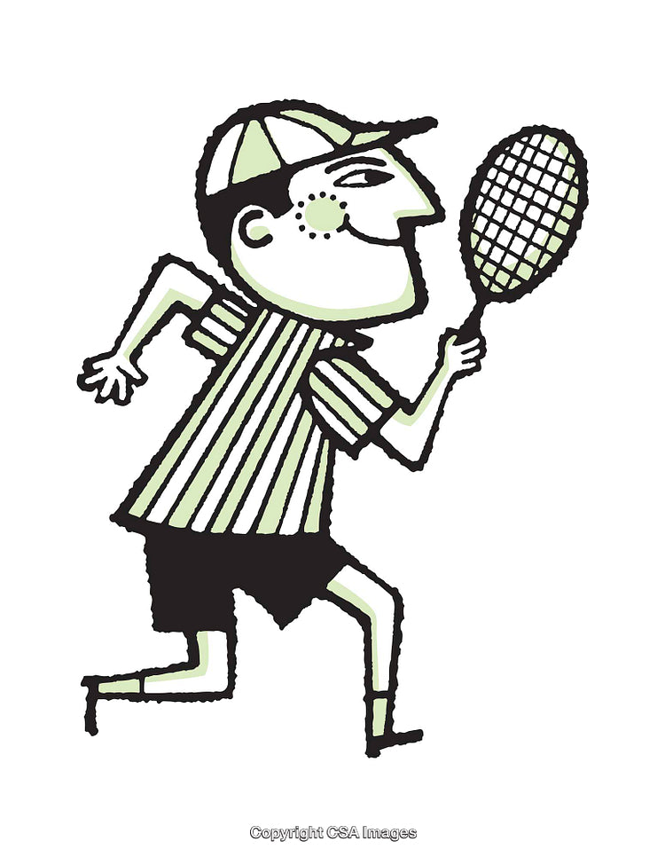 Whimsical Cartoon of Tennis Player Holding Racket in Action Pose