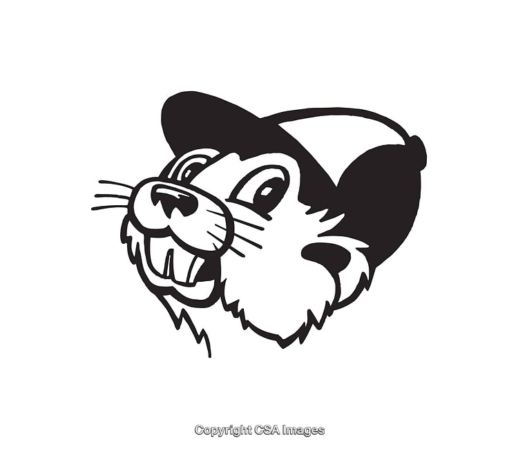Black and White Line Art Cartoon Beaver Illustration Wearing a Hat