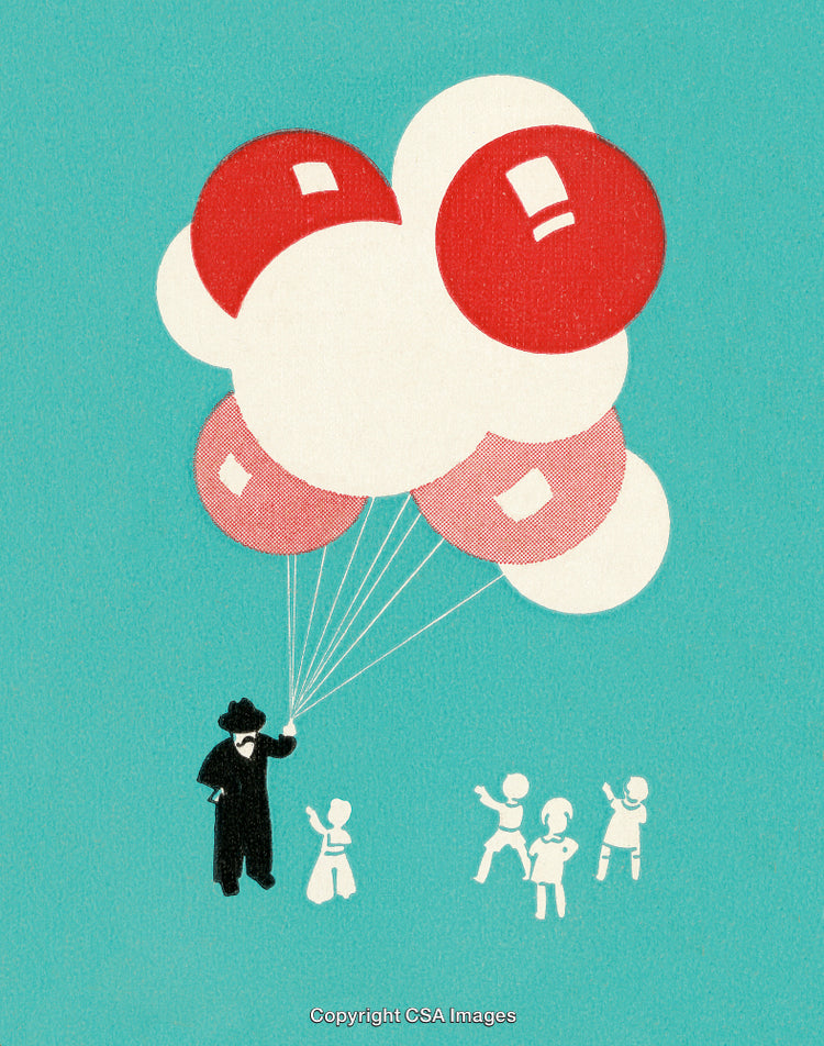 Whimsical Illustration of Man with Balloons and Playful Children in Minimalist Style