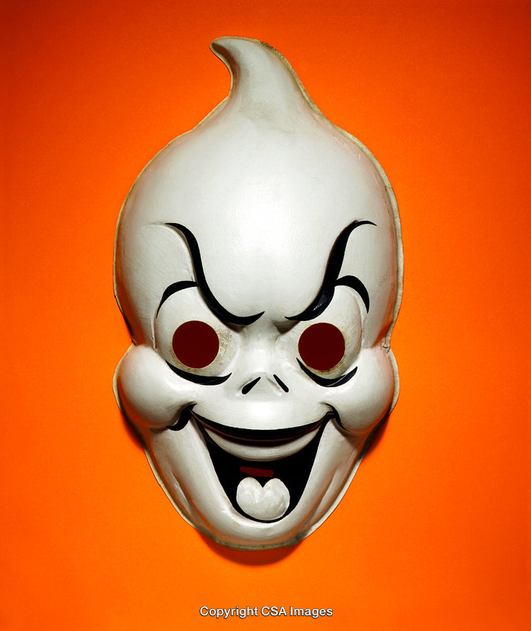 Eerie Halloween Mask with Bold Expression on Bright Orange Background