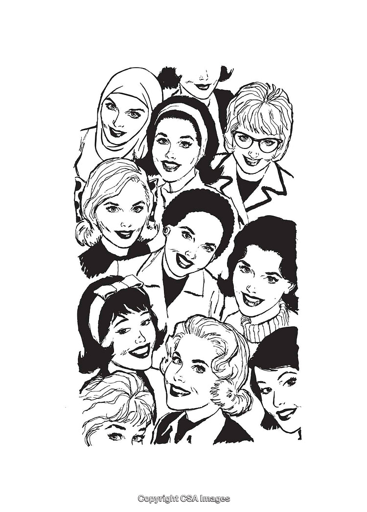 Black and White Line Art of Diverse Group of Women Smiling Together