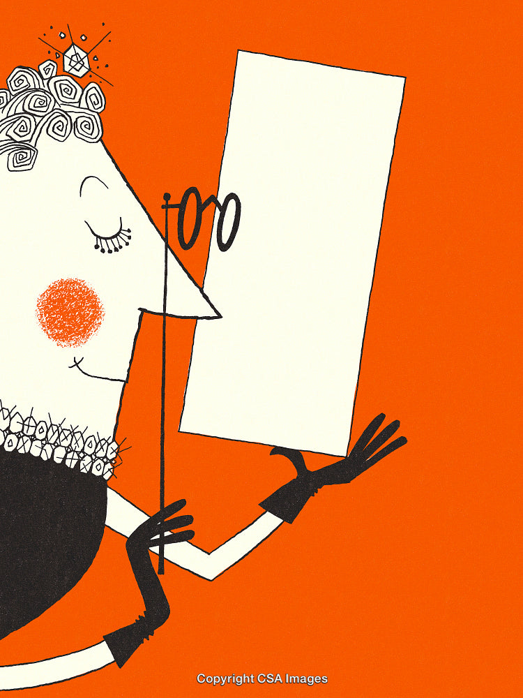 Elegant Black and White Illustration on Vibrant Orange Background Displaying Artistic Character