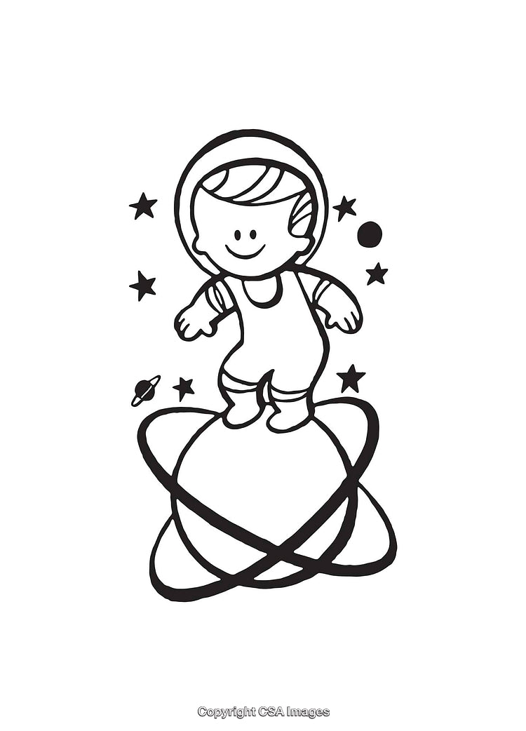 Playful Cartoon Child Astronaut Exploring Outer Space on a Small Planet