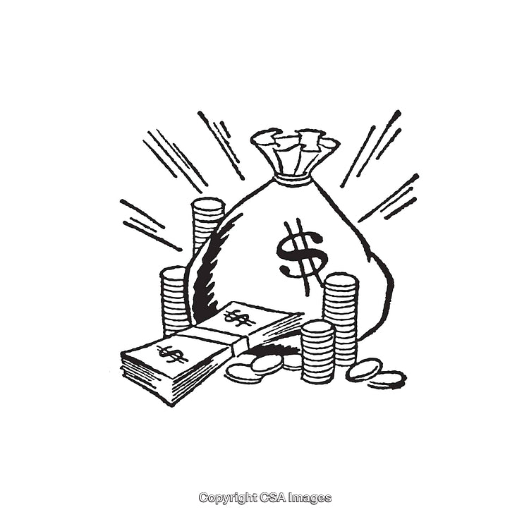Black and White Drawing of Money Bag with Coins and Cash Illustration