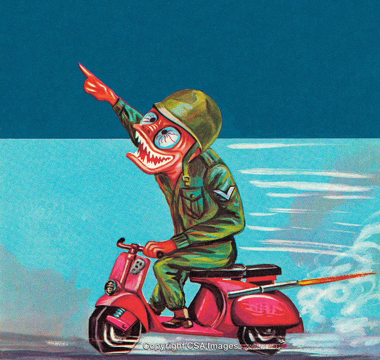 Colorful Illustration of a Soldier Riding a Scooter With a Ferocious Smile