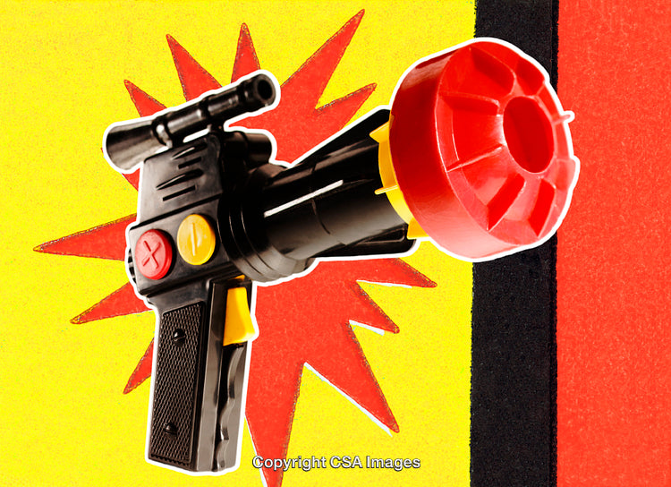 Colorful Toy Gun Against Bright Comic Style Background With Vibrant Colors
