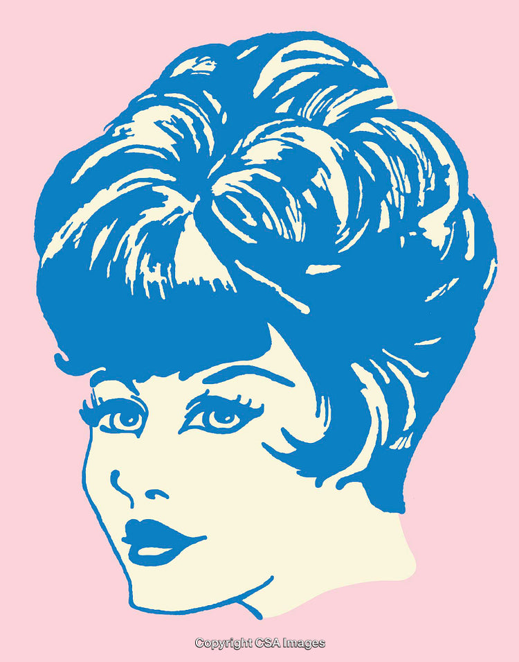 Retro Styled Line Art Portrait of a Woman in Blue on Pink Background