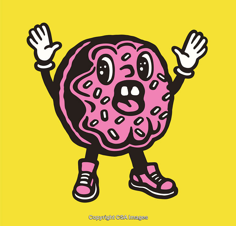 Cartoon Pink Donut Character With Expressions on Bright Yellow Background